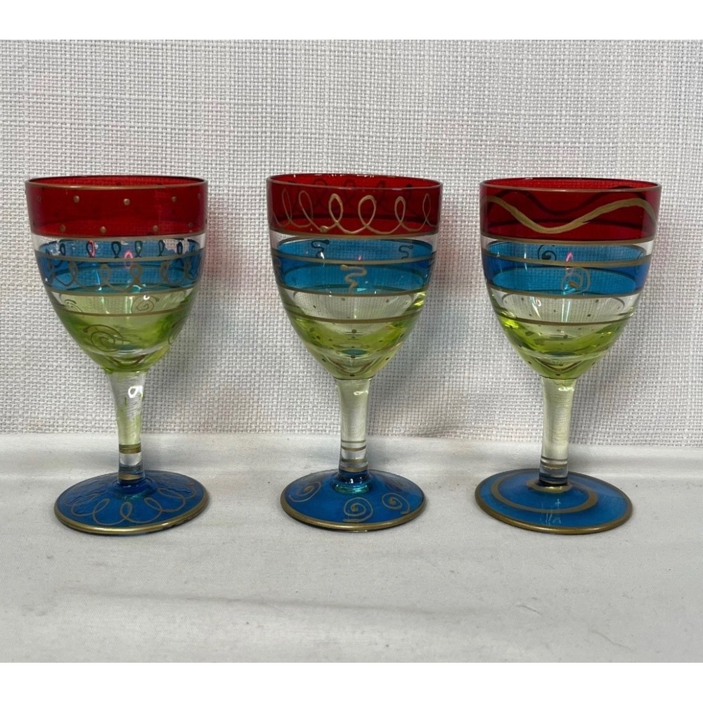 Pier 1 Multi Color Glass Wine Goblets Set of 3 Red Blue Green Gold Swirls